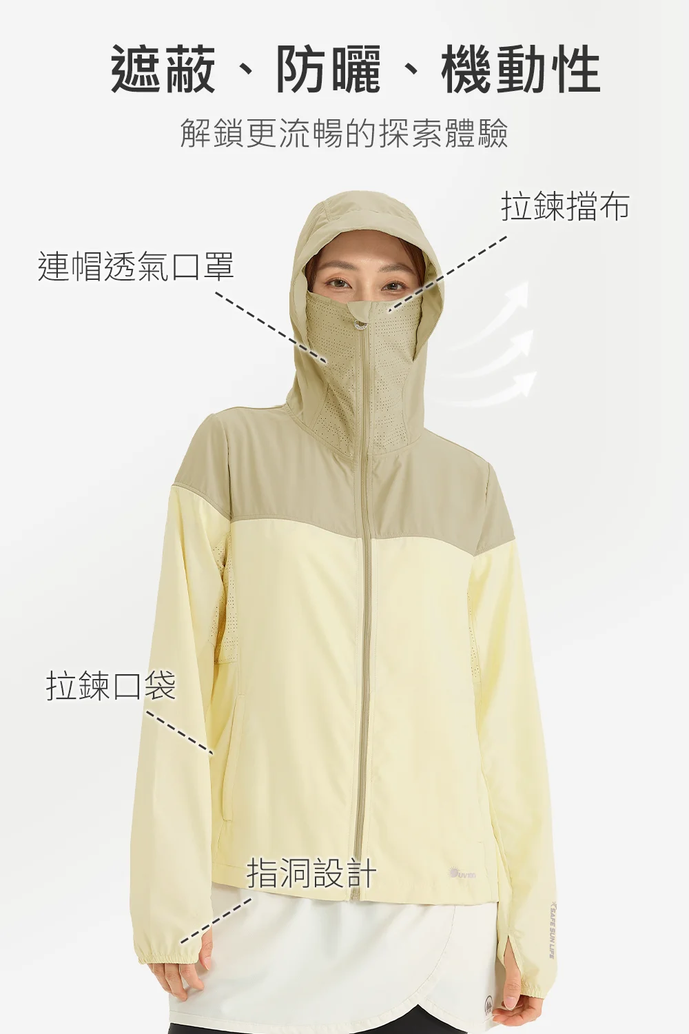 解鎖流暢探索體驗：連帽透氣口罩、拉鍊擋布設計。拼色款式展現個性，提供全方位遮蔽、防曬與機動性。
