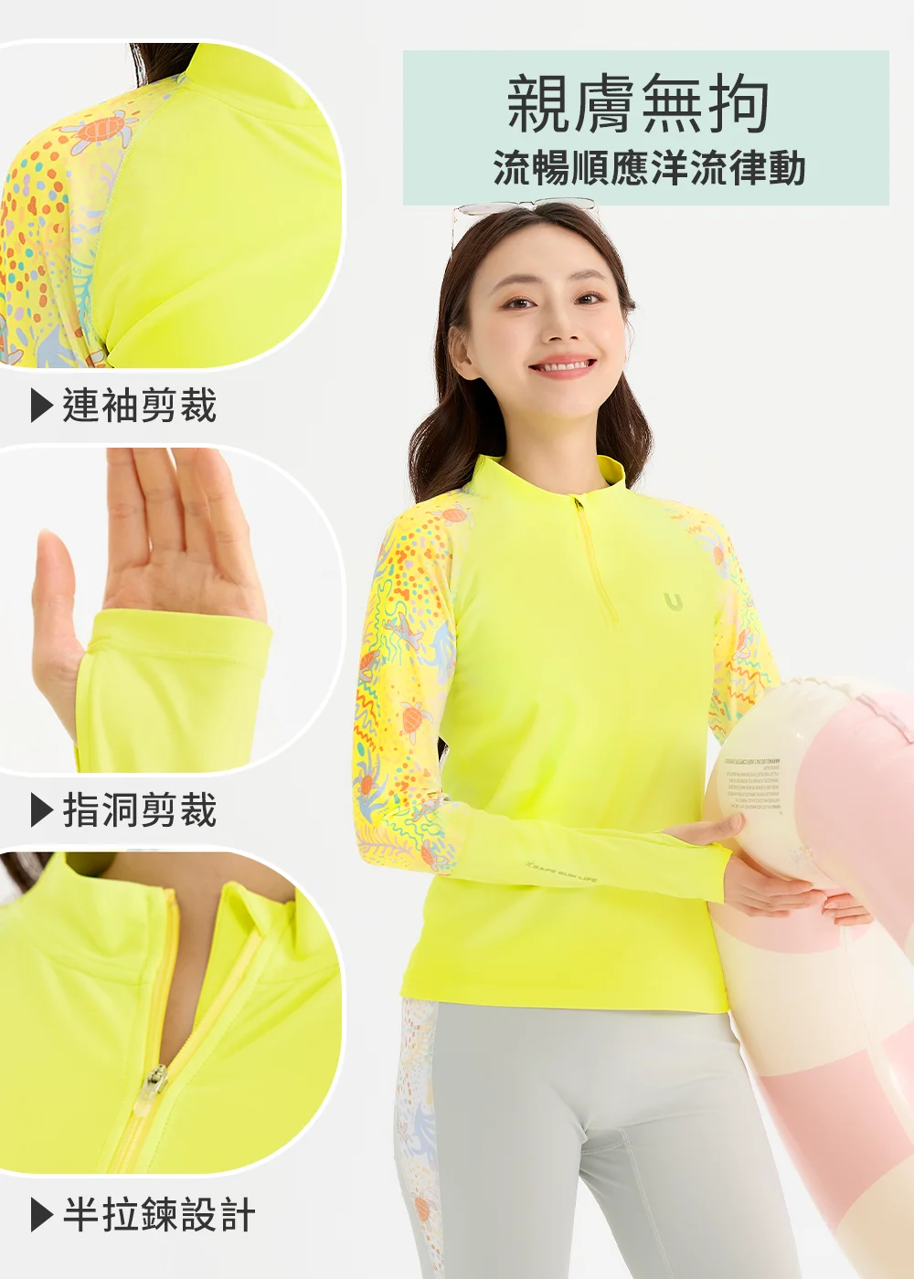 黃色海龜紋防曬衣的細節介紹。大圖展示完整上衣，左側三個圓形視窗分別放大顯示「連袖剪裁」、「指洞剪裁」和「半拉鍊設計」。右上方文字說明「親膚無拘，流暢順應洋流律動」，強調舒適與功能性。