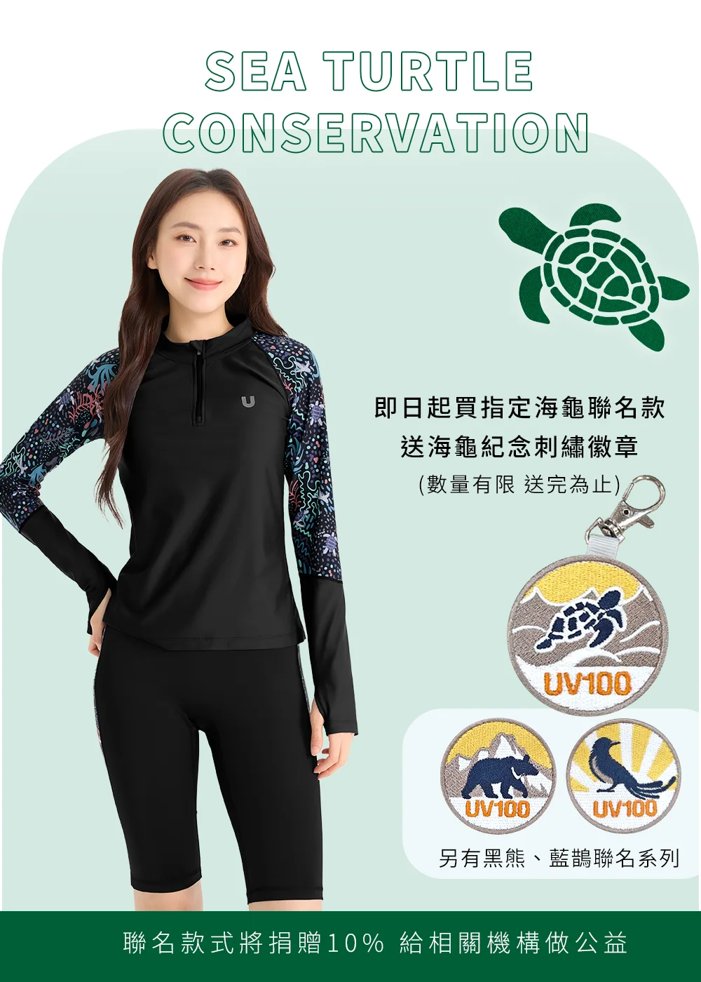 聯名活動贈品與公益訊息。左側女性穿著黑灰色海龜聯名款水母衣。右側展示海龜紀念刺繡徽章（含掛勾）與另外兩款徽章（黑熊、藍鵲）。文字說明購買指定海龜聯名款即贈徽章，下方強調「聯名款式將捐贈10% 給相關機構做公益」。