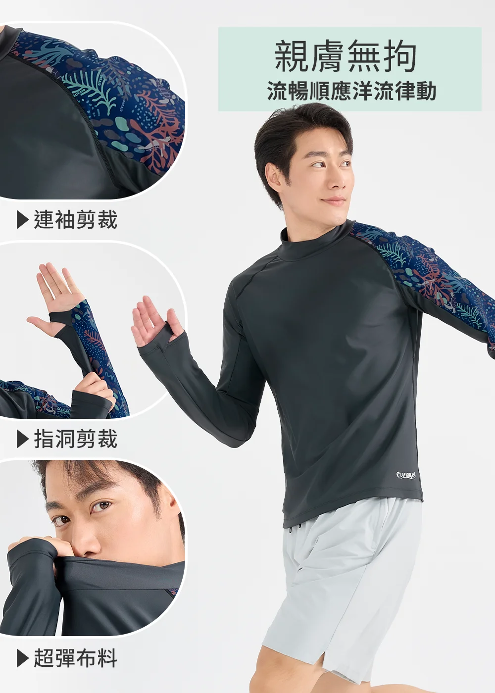 UV100 男款防曬防磨衣細節解析圖，主打「親膚無拘，流暢順應洋流律動」，並局部特寫連袖剪裁、海洋生物圖案的指洞剪裁，以及可拉至口鼻的超彈性高領布料。