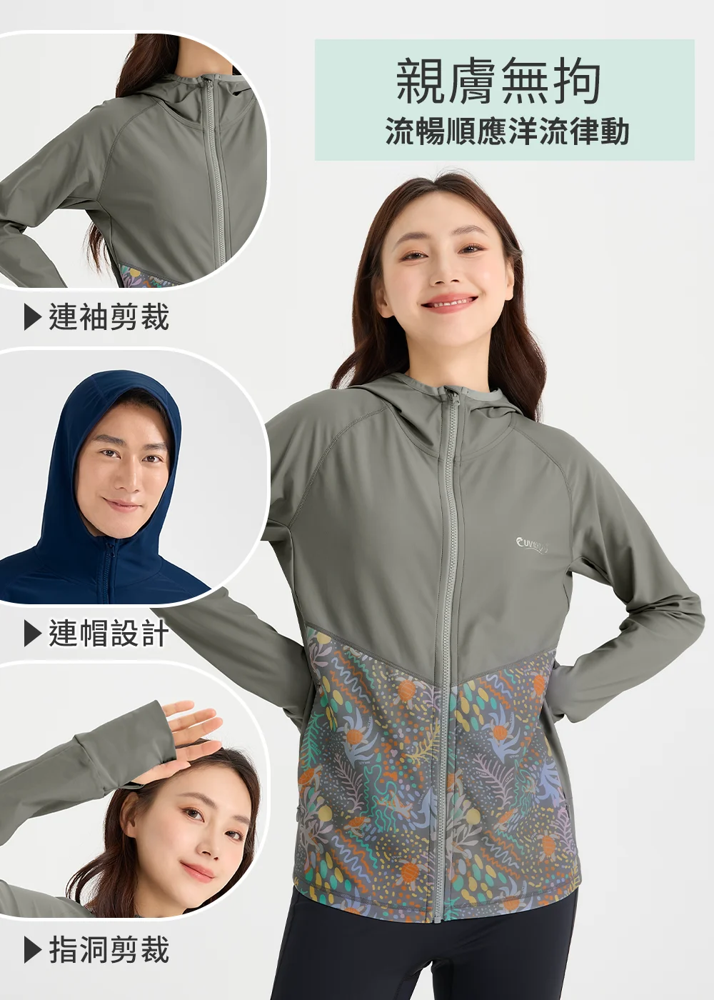 女模特兒雙手叉腰微笑，身穿卡其灰色拼接海洋圖騰的UV100防曬外套，左側圓形功能圖解析：連袖剪裁、男款連帽設計、貼合手部的指洞剪裁細節，傳達親膚無拘、流暢順應洋流律動的舒適感