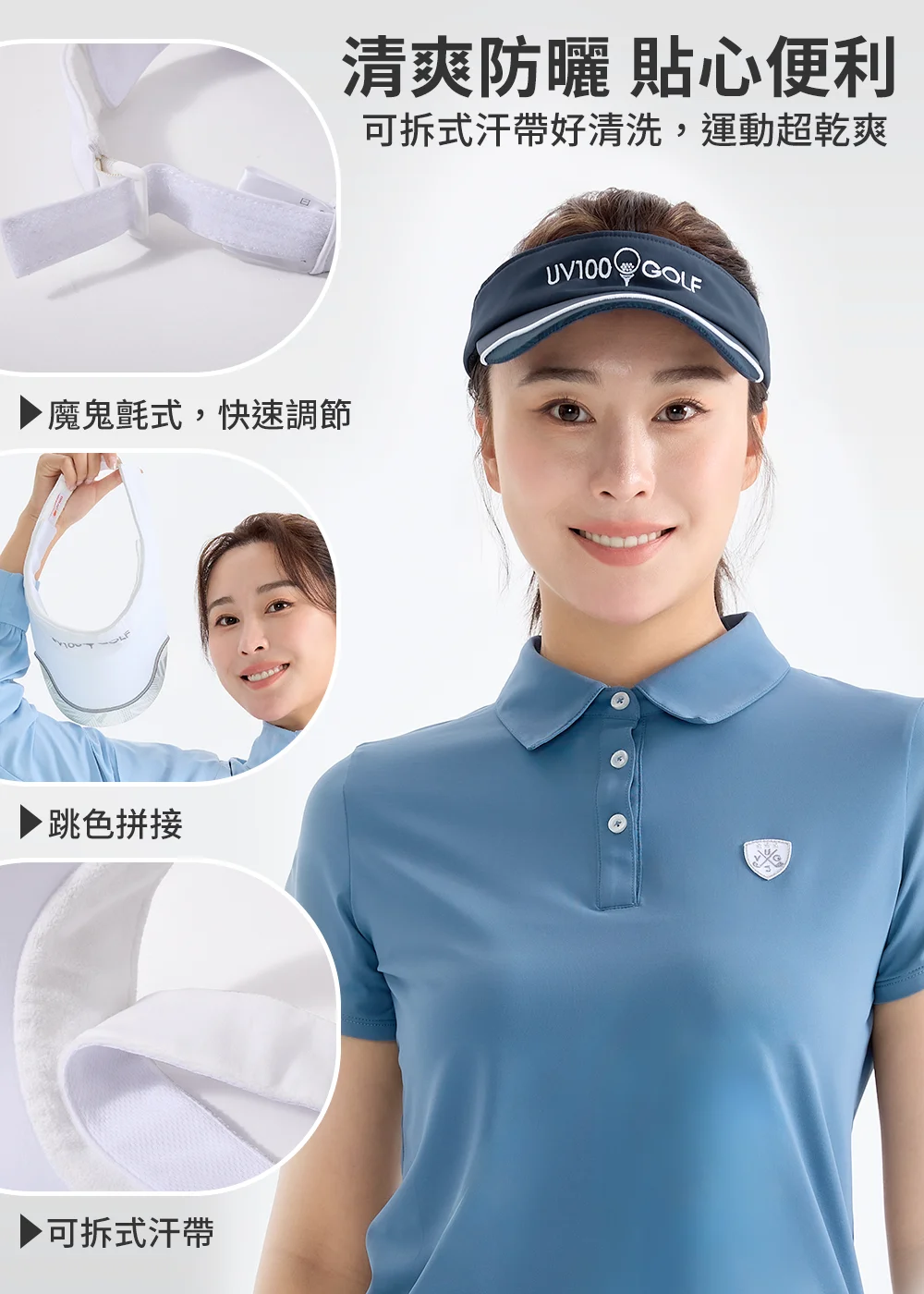產品機能構造全解析：清楚標示後魔鬼氈式快速調節、帽沿跳色拼接細節與可拆式親膚汗帶設計，全面呈現中空運動帽好清洗、不留汗的貼心便利優勢。