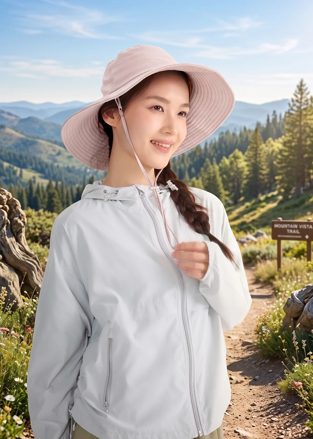 女性登山防曬穿搭：模特兒佩戴粉色系防風遮陽帽搭配白色機能外套，於山徑步道展示全方位臉部防護效果。