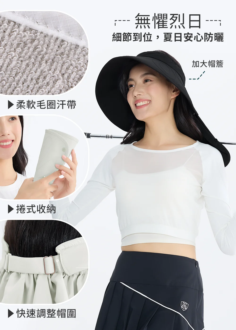 UV100無懼烈日加大帽簷遮陽帽細節解析，展示：柔軟毛圈汗帶、方便攜帶的捲式收納、可快速調整帽圍設計，右側為模特兒身穿白色短版防曬網紗上衣與黑色運動裙的全身穿搭