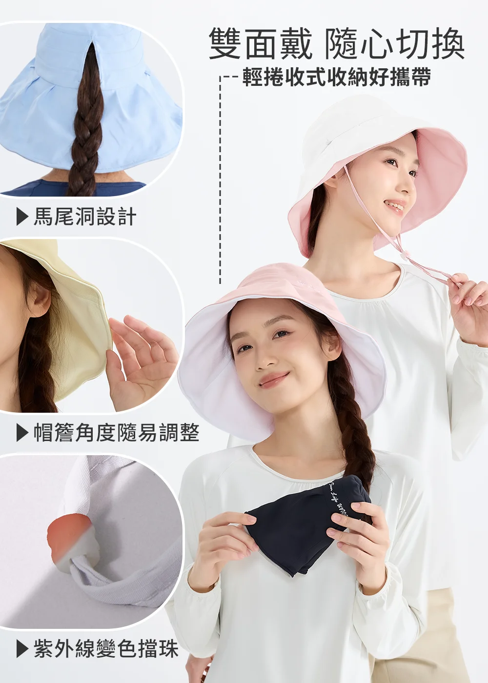 Suptex清涼雙面戴造型帽產品特色細節展示，具備雙面配戴、可捲收收納、帽簷可折方便角度調整、馬尾孔設計與紫外線變色擋珠功能。