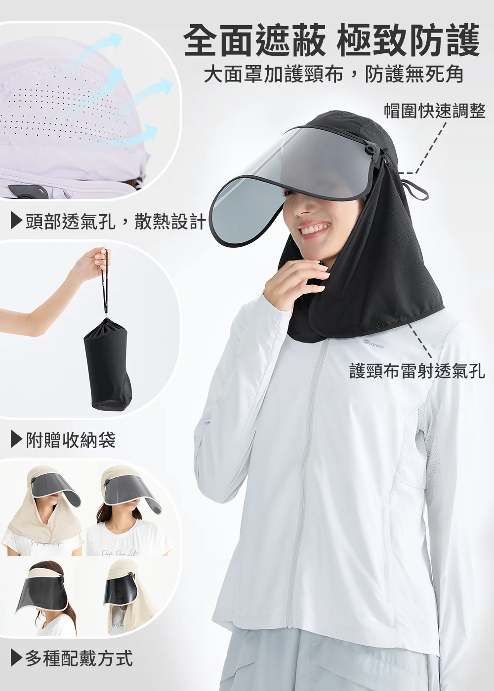 產品機能構造全解析：清楚標示頭部透氣孔散熱、護頸布雷射透氣孔、帽圍快速調整設計，並展示空心帽、圓帽與護頸布等多種配戴方式自由變化與附贈收納袋，呈現暗夜黑與極簡灰款全面防護的便利優勢。