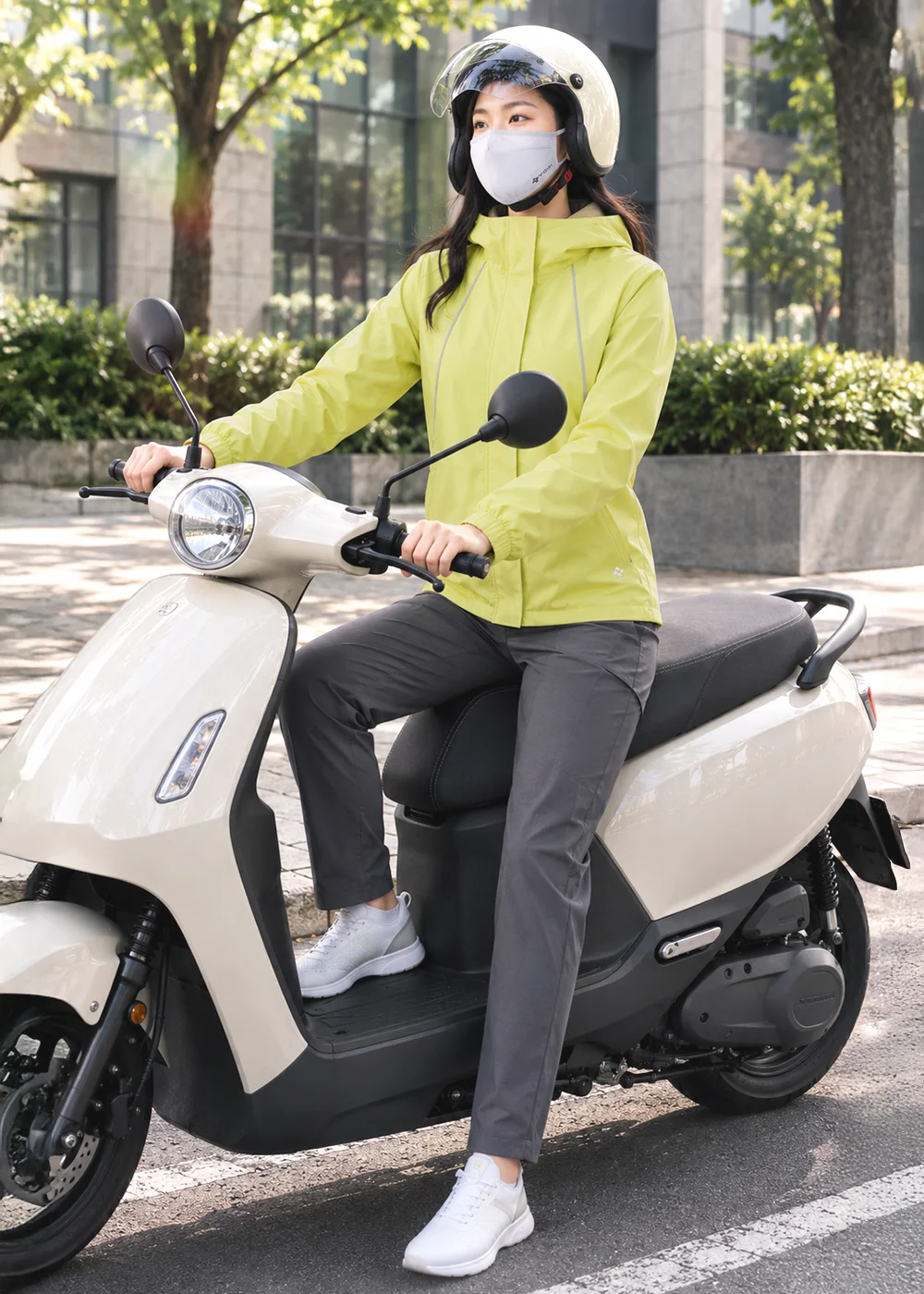 奶香綠環保磁吸擋風連帽外套騎車通勤情境。模特兒騎乘機車展現防風高領貼合度，呈現磁吸門襟快速開合與下襬可調節抽繩細節，輕鬆應對日常騎行的風壓與多變天氣。