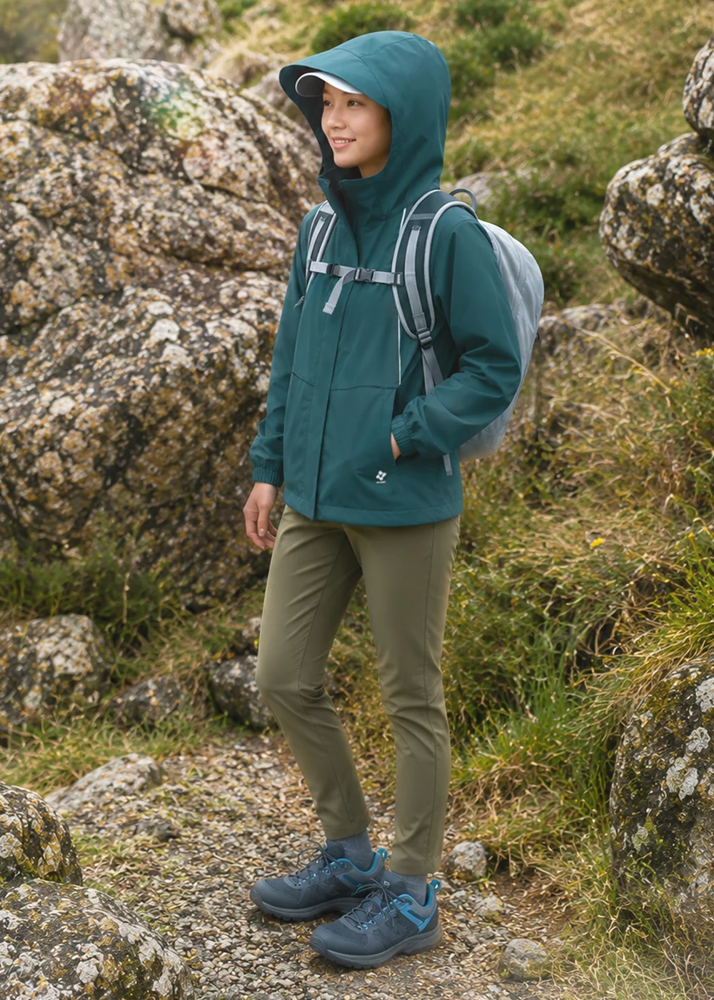 女款黛藍綠防水連帽外套登山戶外穿搭。模特兒背著後背包站在山徑岩石旁，戴著遮雨帽簷展示全防水環保布料與立體大口袋機能，詮釋日常通勤與戶外露營皆適用的休閒風格，同步提供全方位的風雨防護。