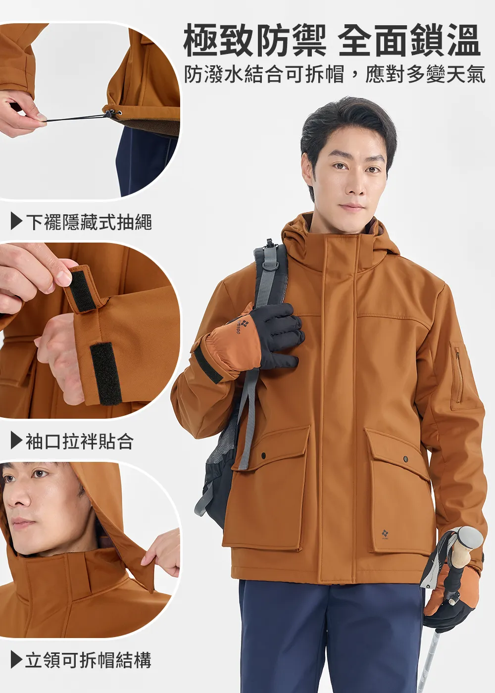 男款高透濕防風軟殼刷毛外套細節展示：隱藏式下襬抽繩、袖口拉袢貼合與立領可拆帽結構，極致阻隔冷風全面蓄熱保暖。
