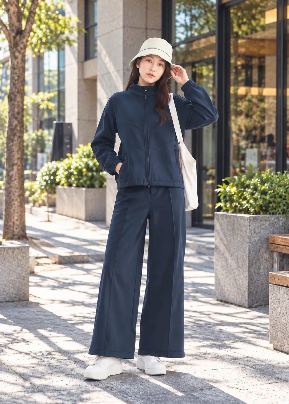 環保耐磨超潑搖粒絨雙面保暖漁夫帽杏米色，女款全身時尚穿搭展示，具備防風抗寒與城市漫步修飾造型。