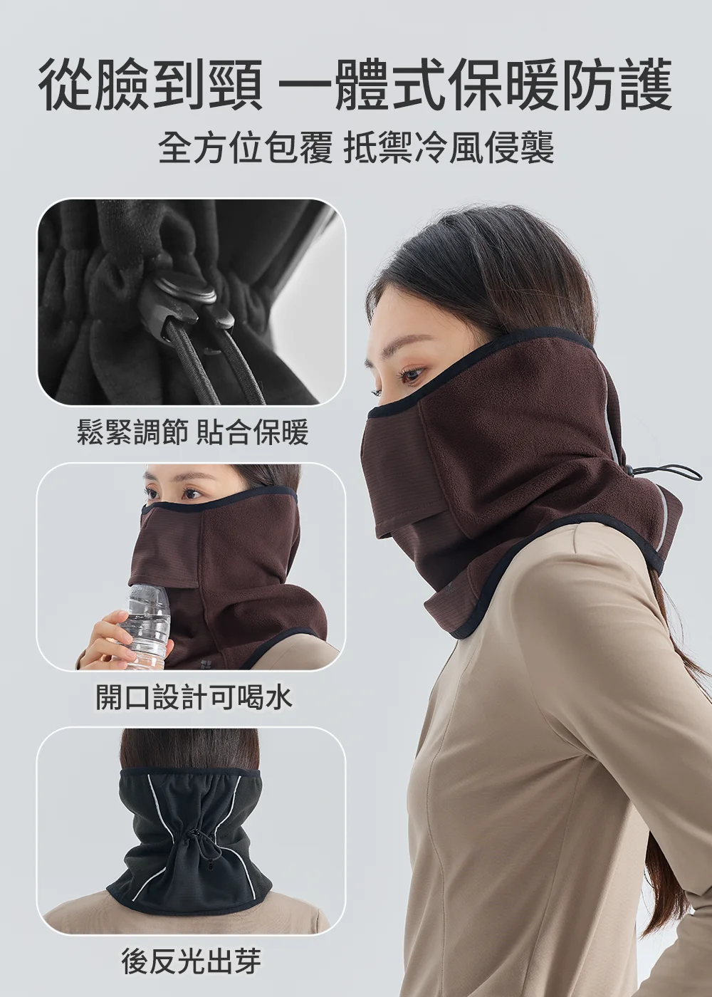一體式保暖防風口罩功能示意，具鬆緊調節、貼合保暖、飲水開口與後方反光出芽設計